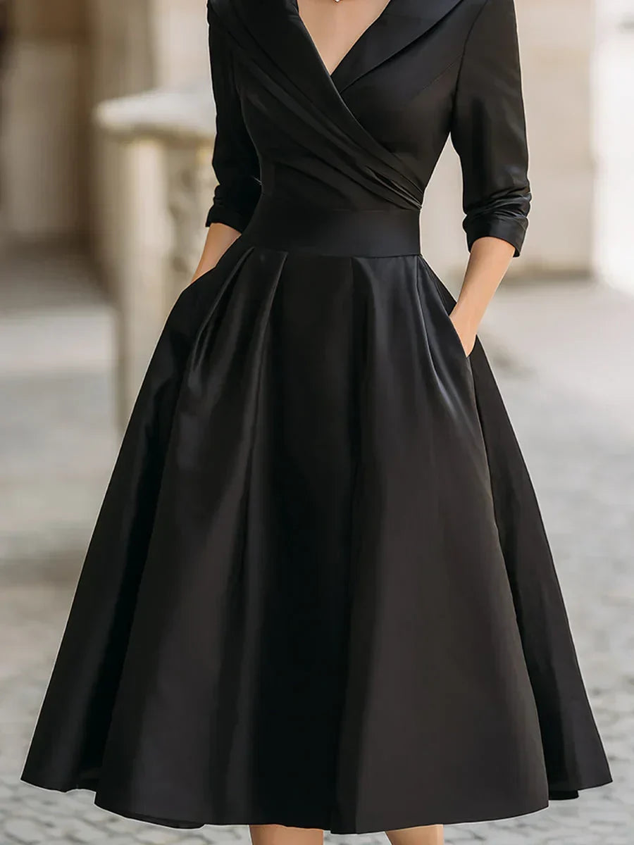 Karen | Satin Wrap-Bodice Collared Midi Dress with Pockets