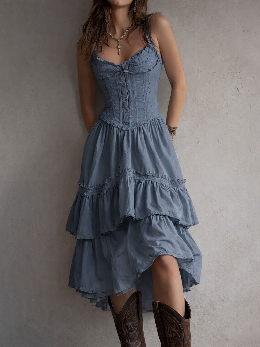 Marisol | Corset Tiered Lace-Trim Midi Dress for Women
