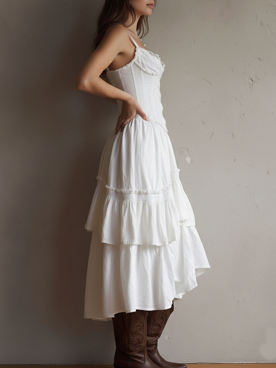 Marisol | Corset Tiered Lace-Trim Midi Dress for Women