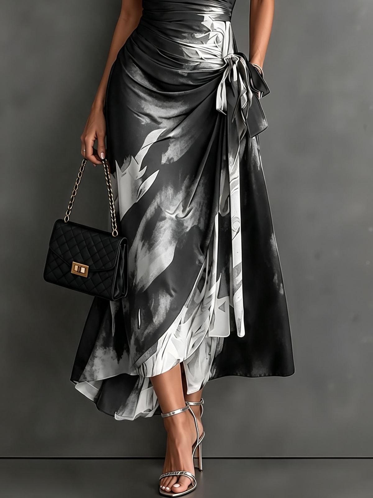 Carlotta | Black & White Abstract Print Midi Wrap Dress
