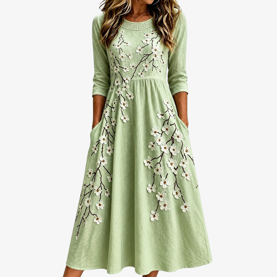 Sage | Blossom Garden Pocket Midi Dress for Women