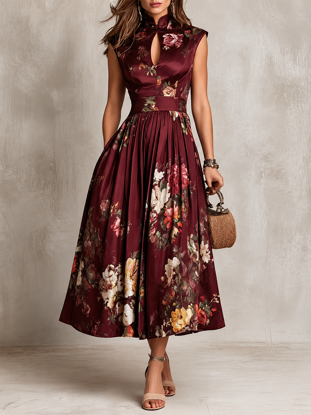 Florence | Floral Mandarin-Neck Midi Dress for Women