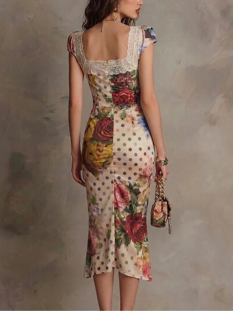 Delphine | Mixed-Print Ruched Lace Midi Dress for Women