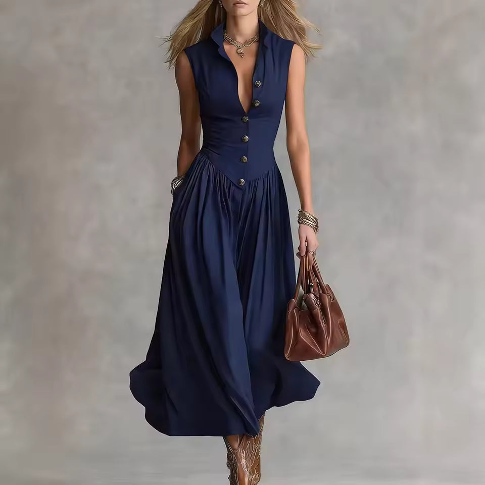Camille | Pleated Button-Front A-Line Maxi Dress for Women