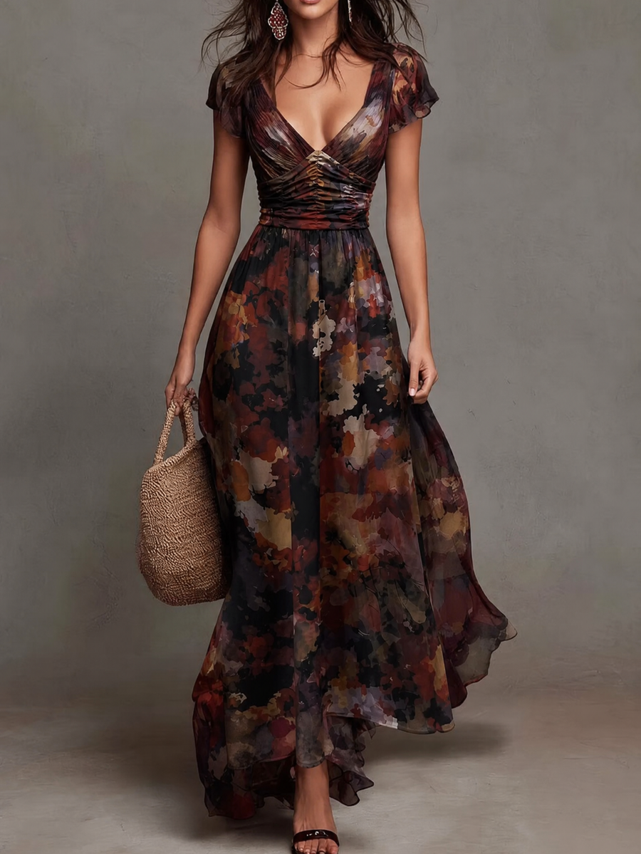 Camellia | Watercolor Floral Pleated Maxi Dress for Women