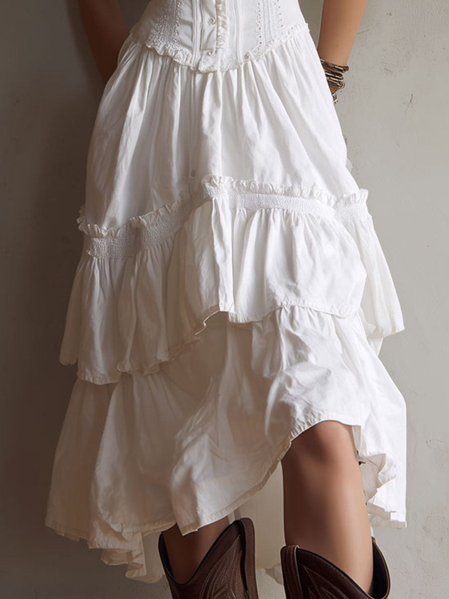 Marisol | Corset Tiered Lace-Trim Midi Dress for Women