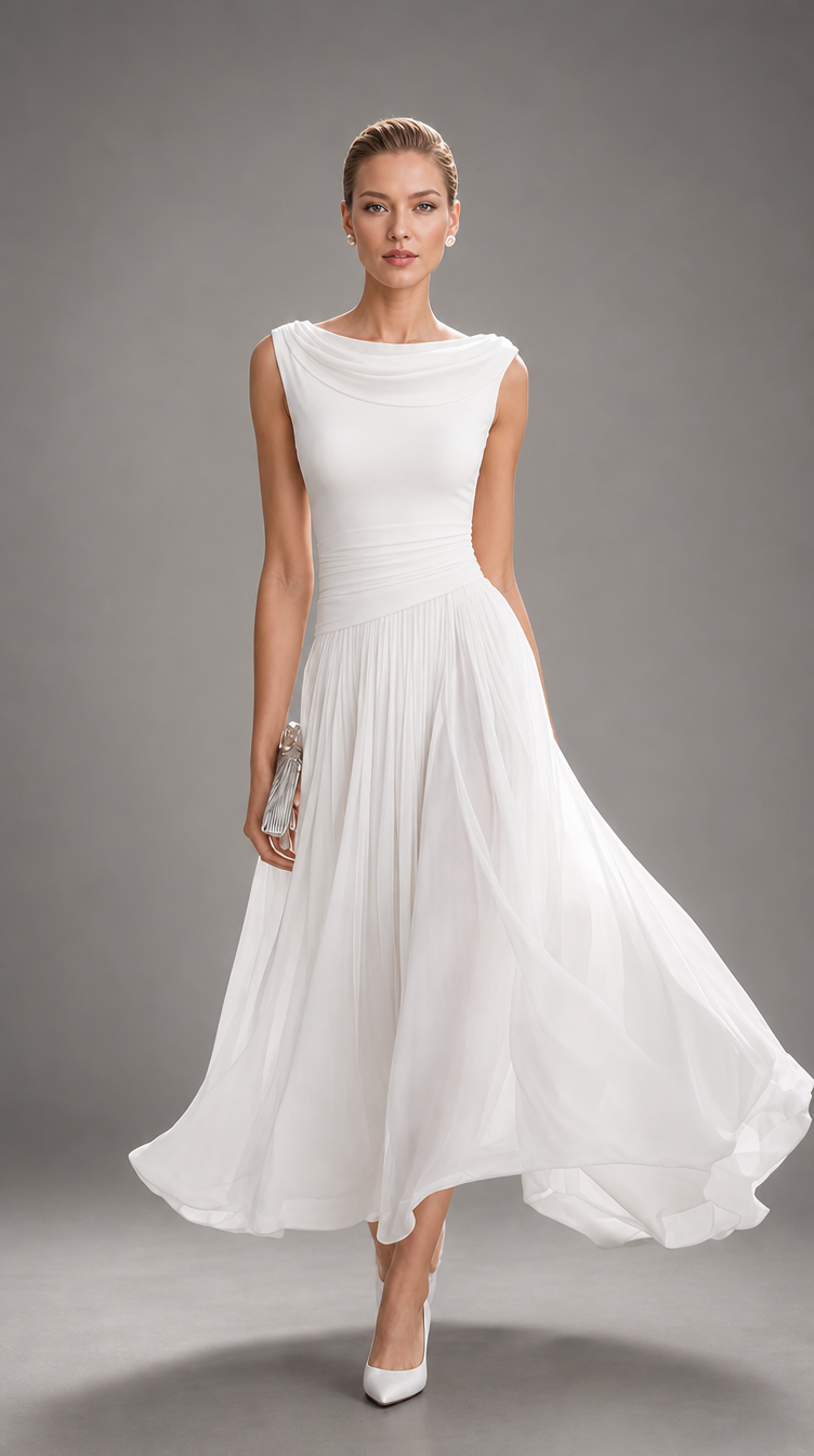 Simone | Draped Neck Pleated Midi Dress for Women