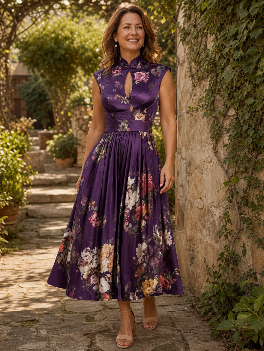 Florence | Floral Mandarin-Neck Midi Dress for Women