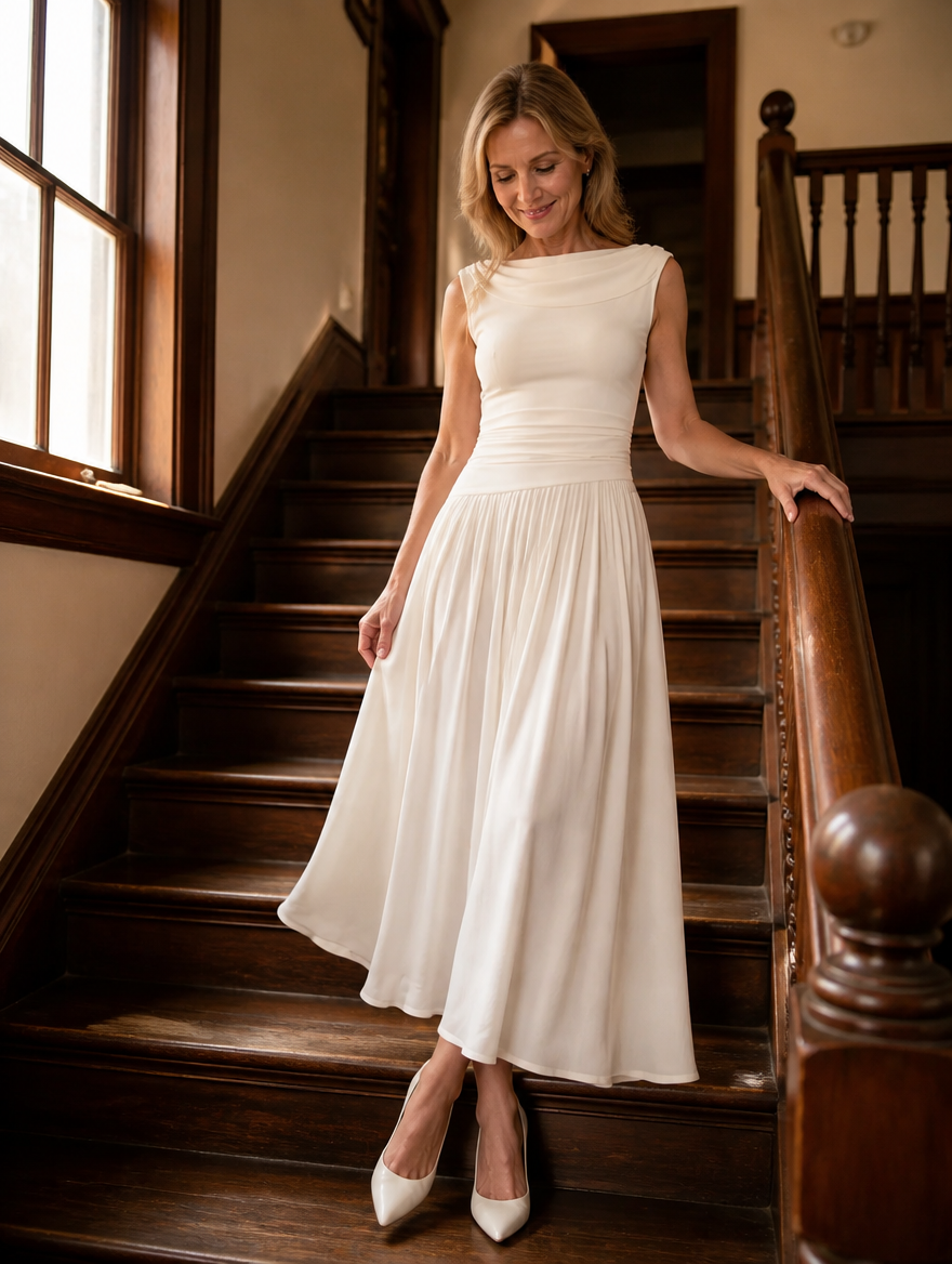 Simone | Draped Neck Pleated Midi Dress for Women