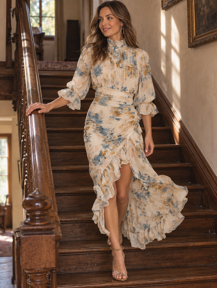 Turtleneck Floral Print Irregular Chiffon Maxi Dress for Women