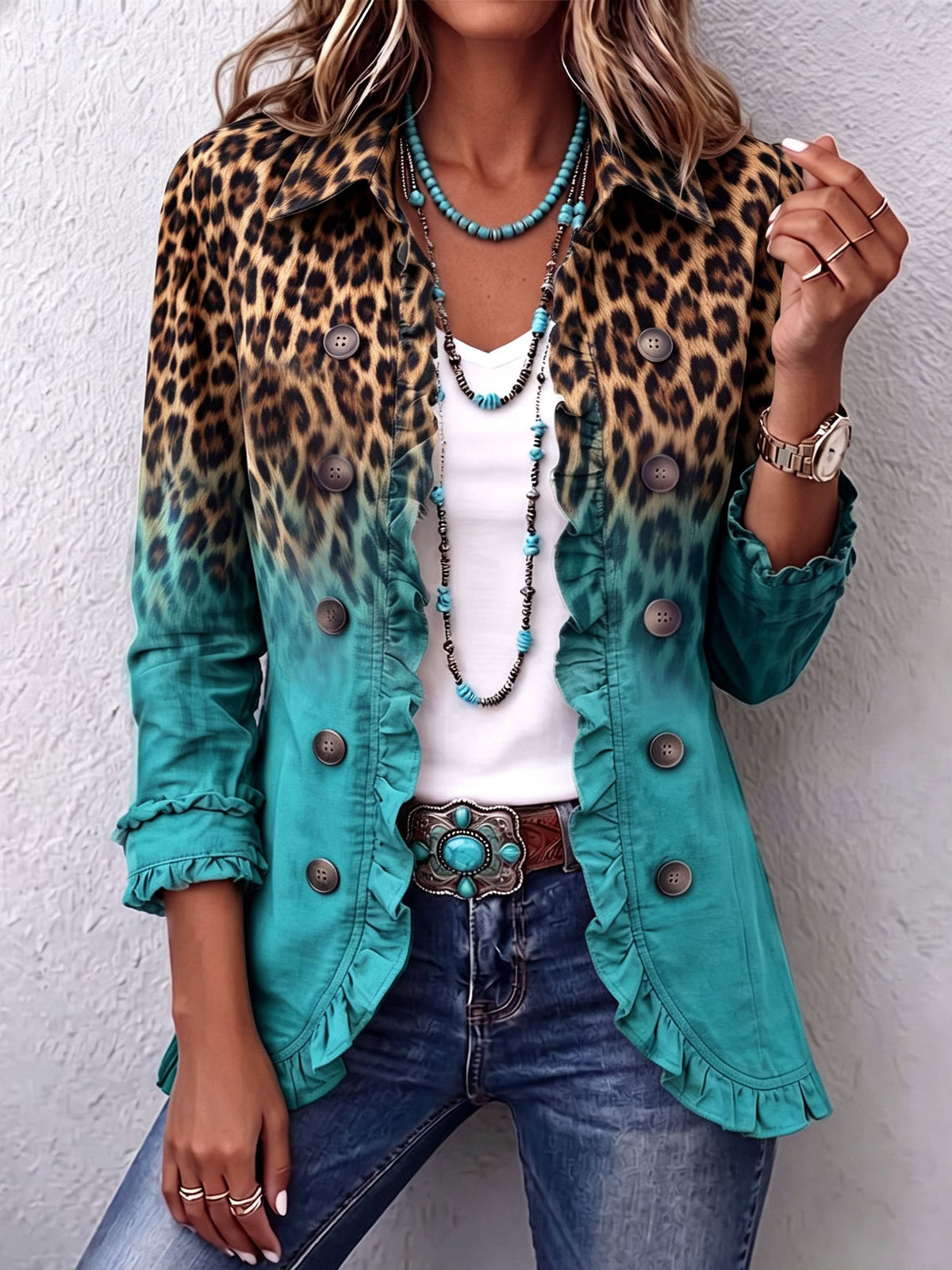 Elspeth | Leopard Ombre Ruffle Blazer Jacket for Women