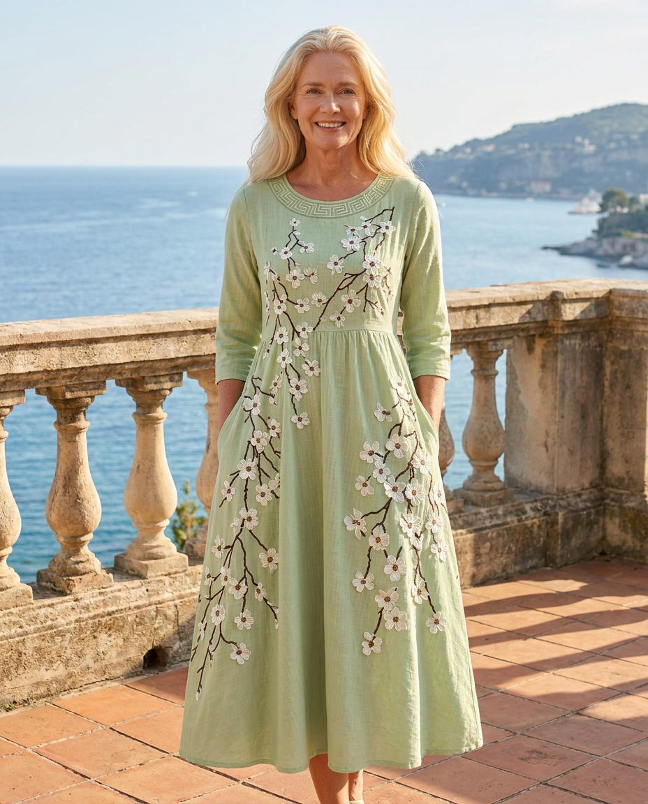 Sage | Blossom Garden Pocket Midi Dress for Women
