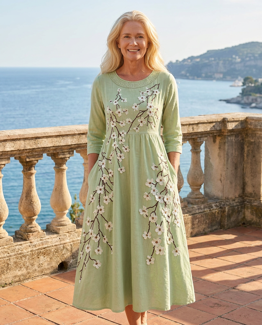 Sage | Blossom Garden Pocket Midi Dress for Women