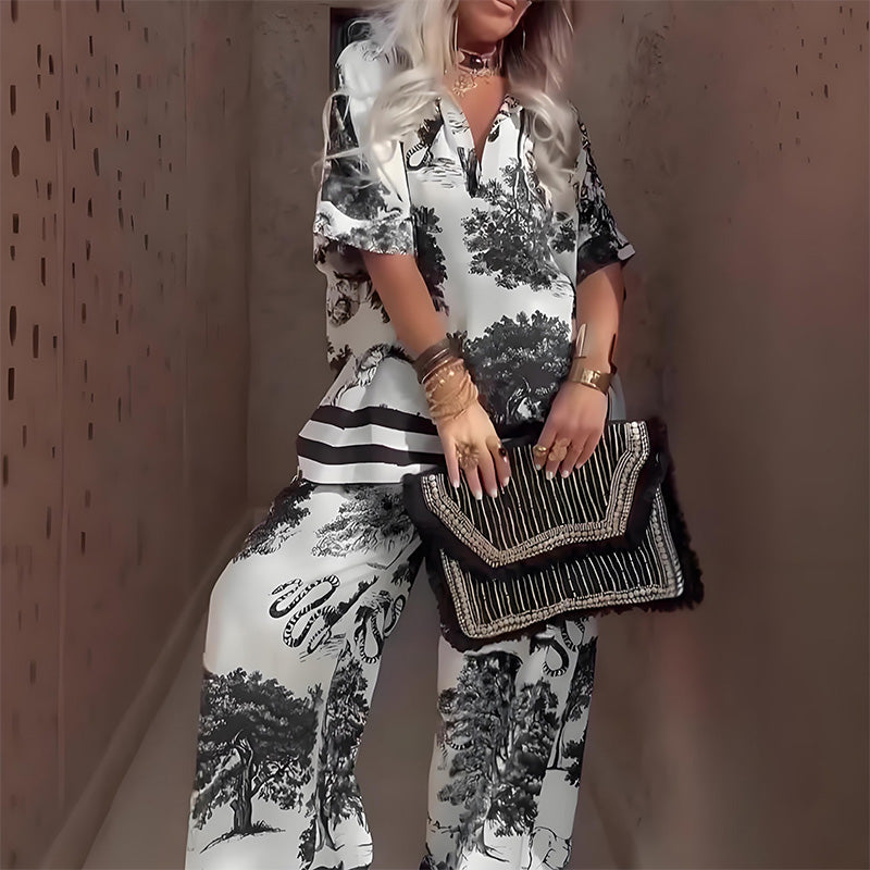 Printed Top with V-Neck + Long Pants